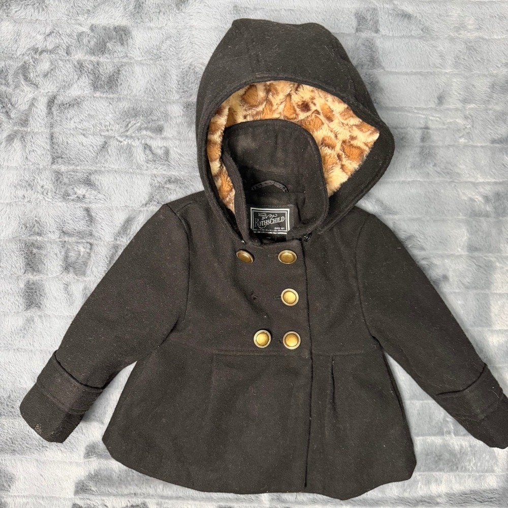 Rothschild Kids Black Hooded Pea Coat Leopard Faux Fur Trim 18M Gold Buttons